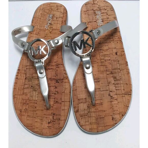 Women's Michael Kors Silver Jelly MK Logo Thong Cork Flip Flop Sandals Size 8 - Picture 1 of 4